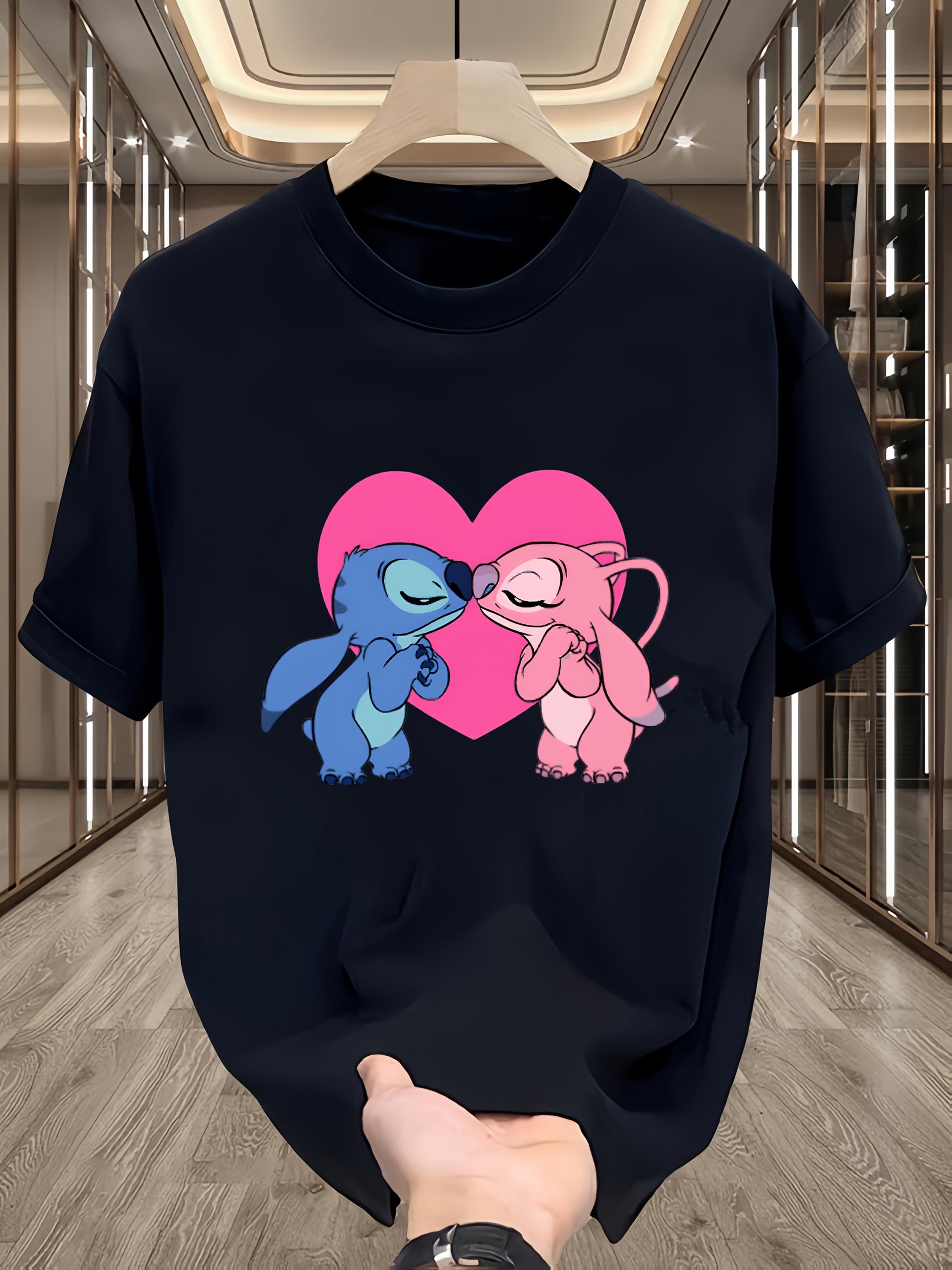 Stitch Graphic T-shirt - Casual Black Short Sleeve Tee with Pink Heart Design M