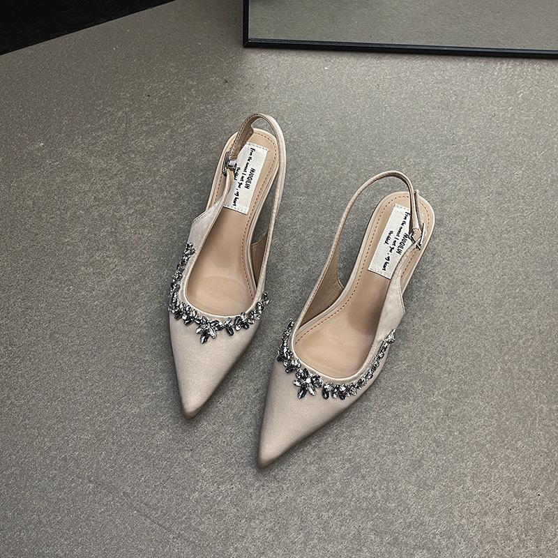 French baotou rhinestone sandals spring and summer new fashion fairy style with skirt apricot pointed single shoes high heels
