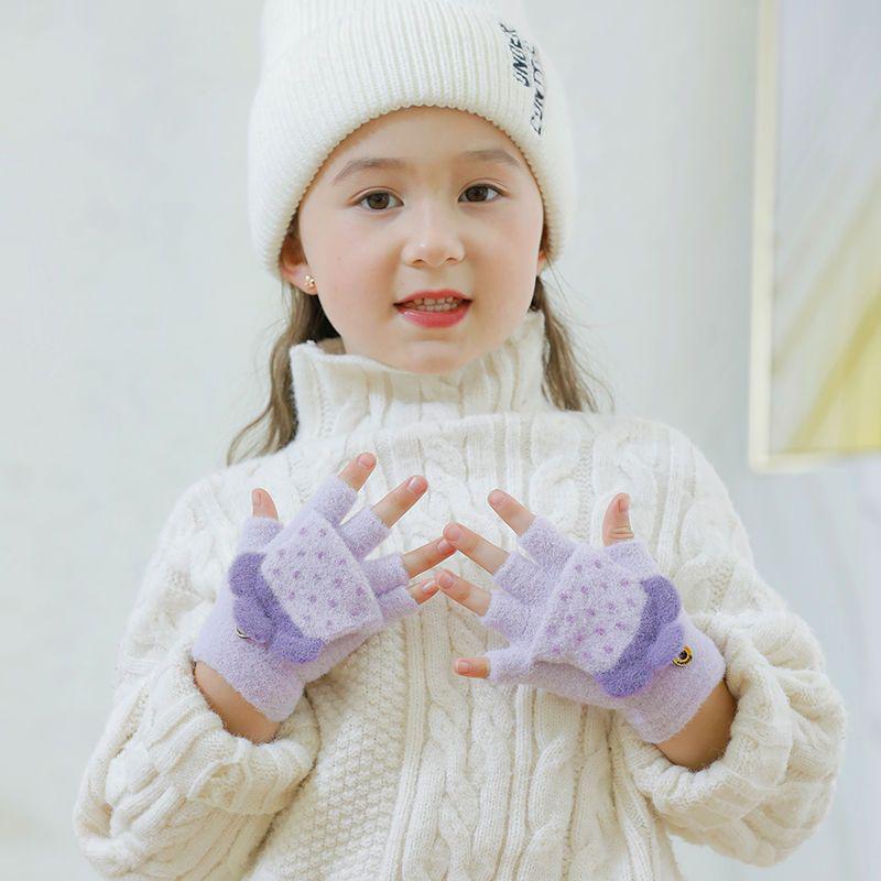 Children's Cartoon Knit Half-Finger Flip Gloves - Warm, Velvet-Lined, Thickened for Boys & Girls, Autumn/Winter Wear