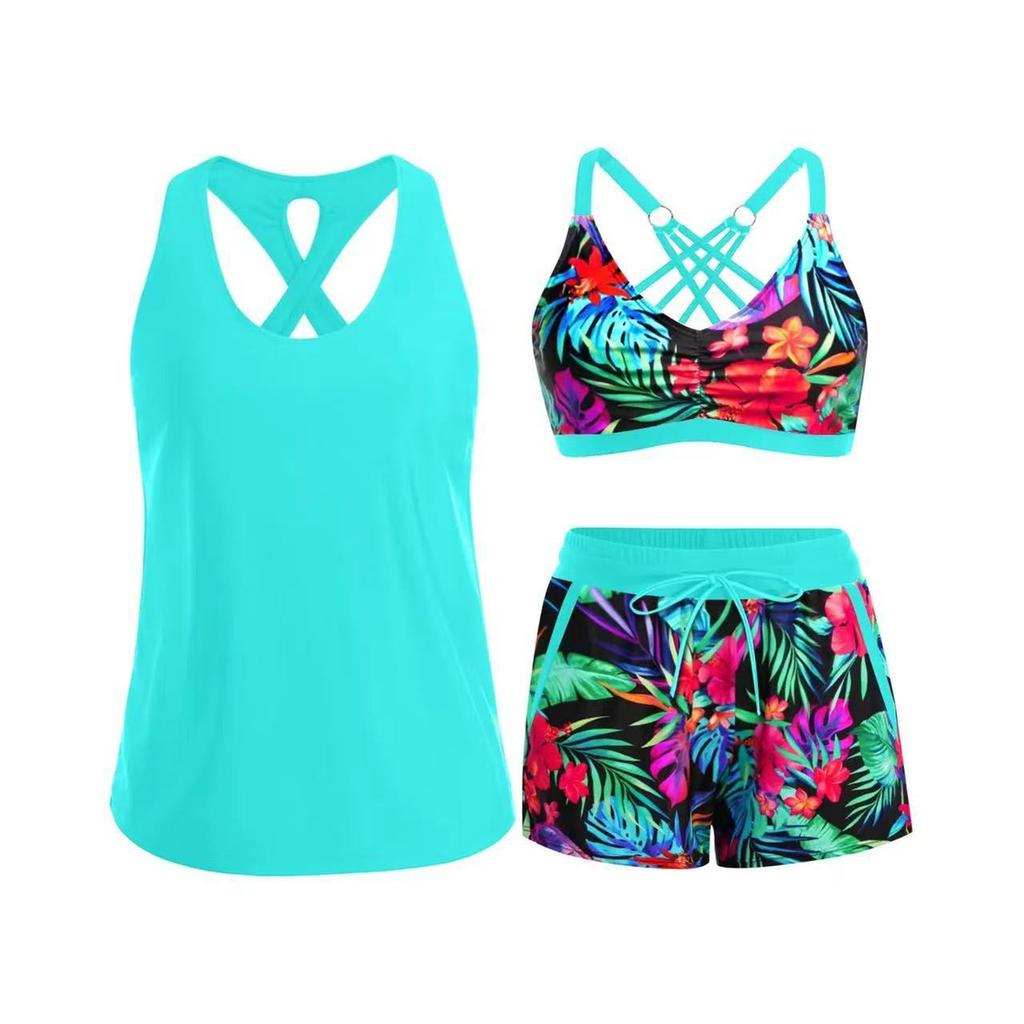 Women’s Three Piece Tankini Swimsuit Set with Crisscross Back Design High Waist Printed Shorts and Swim Top for Beach Pool