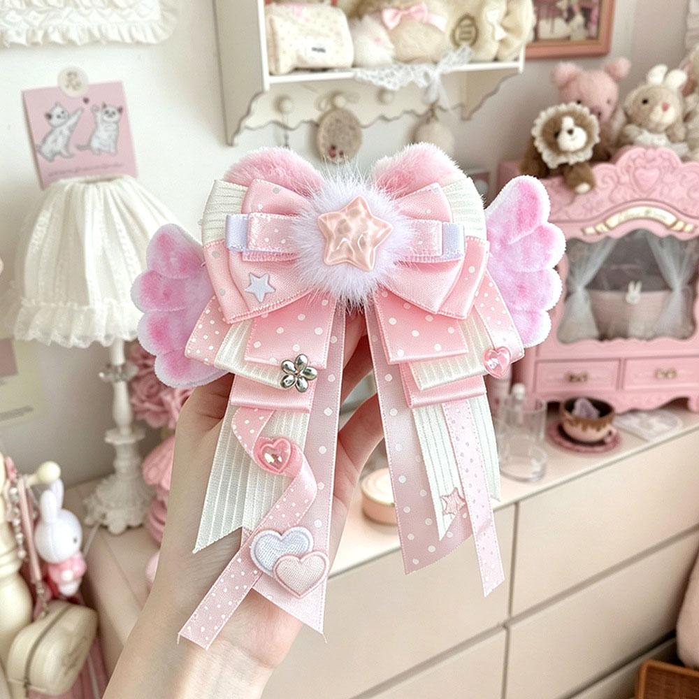 Cute Plush Heart Wings Bow Brooch Badge Handmade Pastel Ribbon Pin With Star Heart Charm Ita Bag Decor Light Sticks Accessories