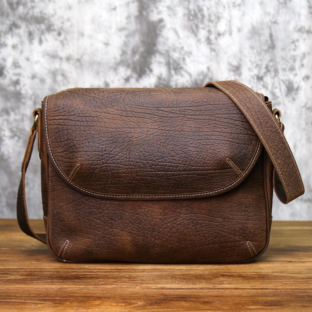 NZPJ Men s Retro Genuine Leather Shoulder Bag Casual Top Layer Cowhide Large Capacity Slant Horizontal Trendy Messenger Bag темно-коричневого