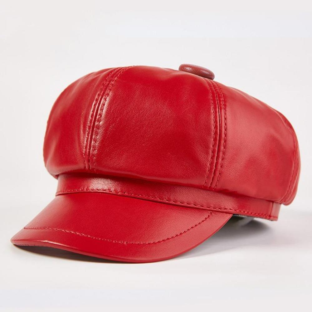 Women's Fashion Sheepskin Leather Octagon Beret Hat Duck Tongue Cap for Winter