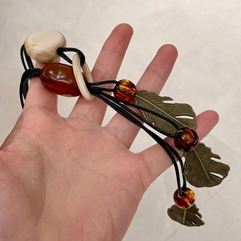 Long Bohemian Ceramic Bead Strand Necklace Ethnic Leaf Pendant Fringe Jewelry for Women Summer Statement Accessory