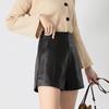 2023 Autumn Black High-Waist Leather Shorts for Women - Slimming, A-Line, Loose-Fit Wide Leg Design