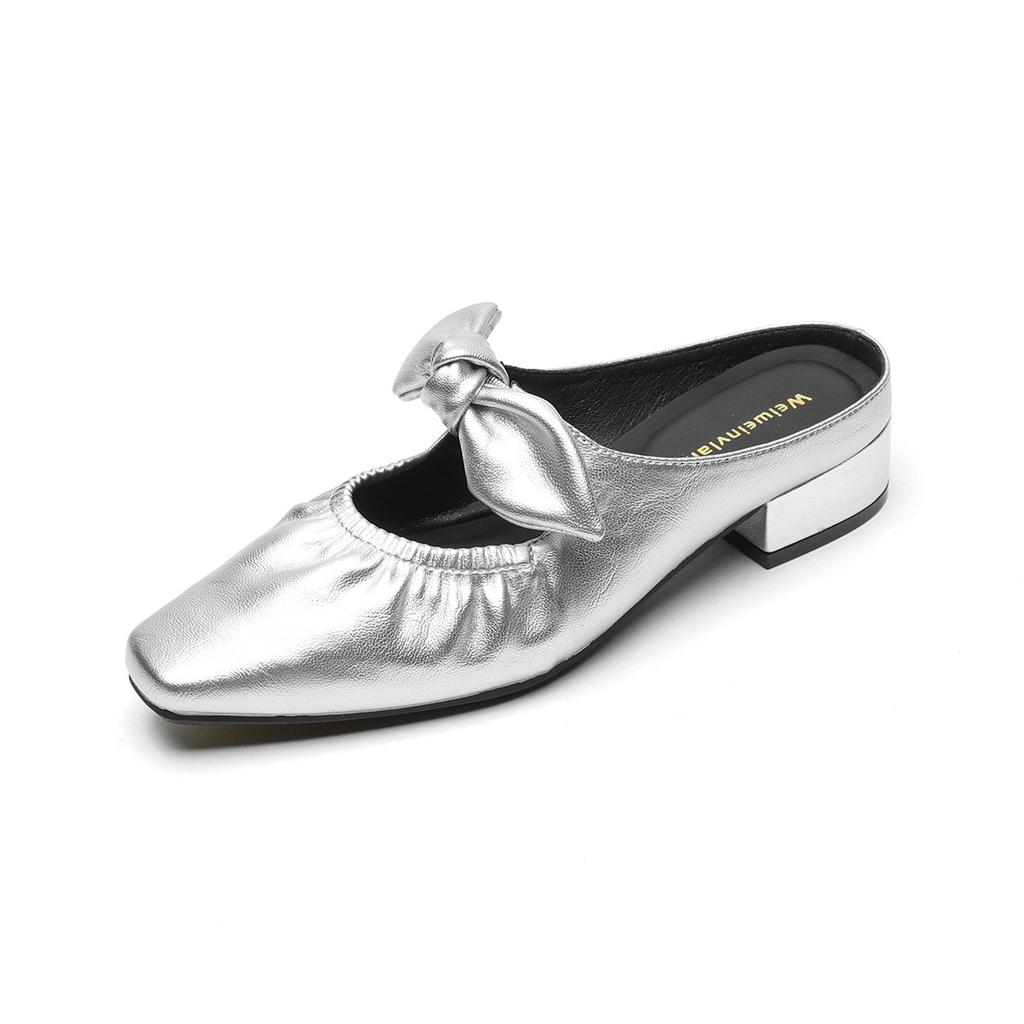 Bow Baotou Half Slippers Women's Outer Wear Summer Folds Thick Heel Empty Sandals