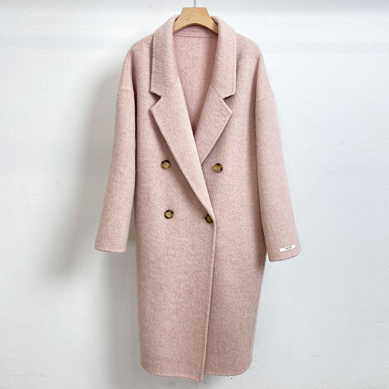 

Q576 Пальто женское двустороннее из верблюжьей шерсти альпака ручной работы, длинношерстное пальто из шерсти на двубортной застежке с лацканами пиджачного типа M розовый