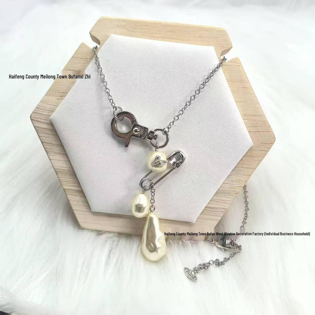 Empress Dowager Baroque Pearl Saturn Brooch Necklace & Earrings Set: Light Luxury Fashion Clavicle Chain