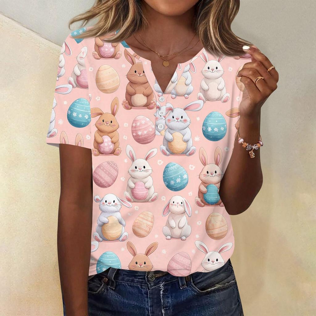 Damen T-Shirt mit Aufdruck und Knopfleiste, kurzärmelig, für den Alltag, Wochenendmode, Basic, V-Ausschnitt, normales Oberteil