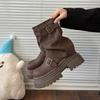 Fashion Versatile Belt Buckle Round Head Thick Sole Heightening Short Boots Women's 2025 Autumn and Winter New Fashion Versatile Thick Sole Boots