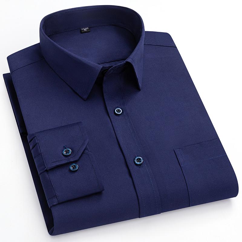 Men Plain Shirts Non-Iron Antiwrinkle Long Sleeve Regular Male Dress Shirt with Chest Pocket Turn Down Collar