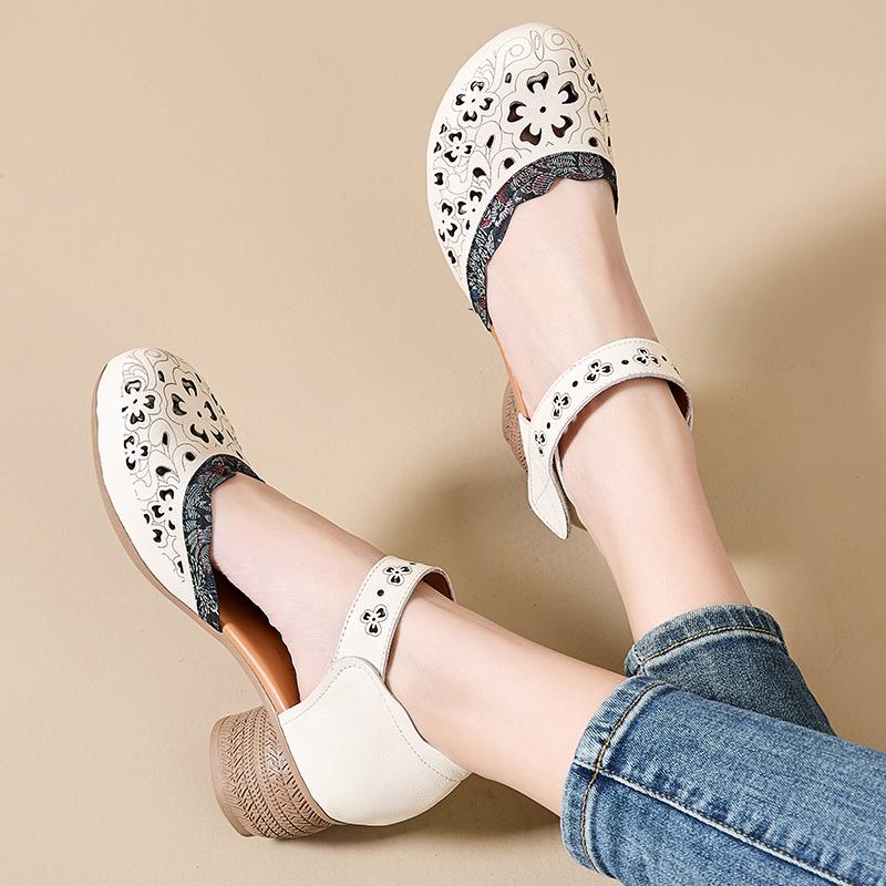 Fashion GKTINOO 2025 New Women Sandals Summer Genuine Leather Hollow Thick Heels Sandals Retro Non-slip Round Toe Casual Soft Sole Shoes