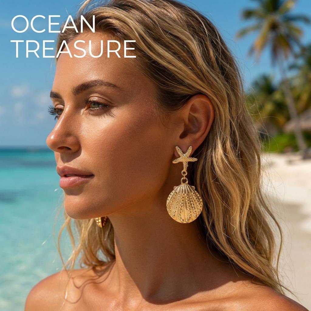 Exaggerated Large Metal Starfish Shell Drop Earrings for Women Trendy Conch Long Tassel Earrings Girl Beach Party Jewelry