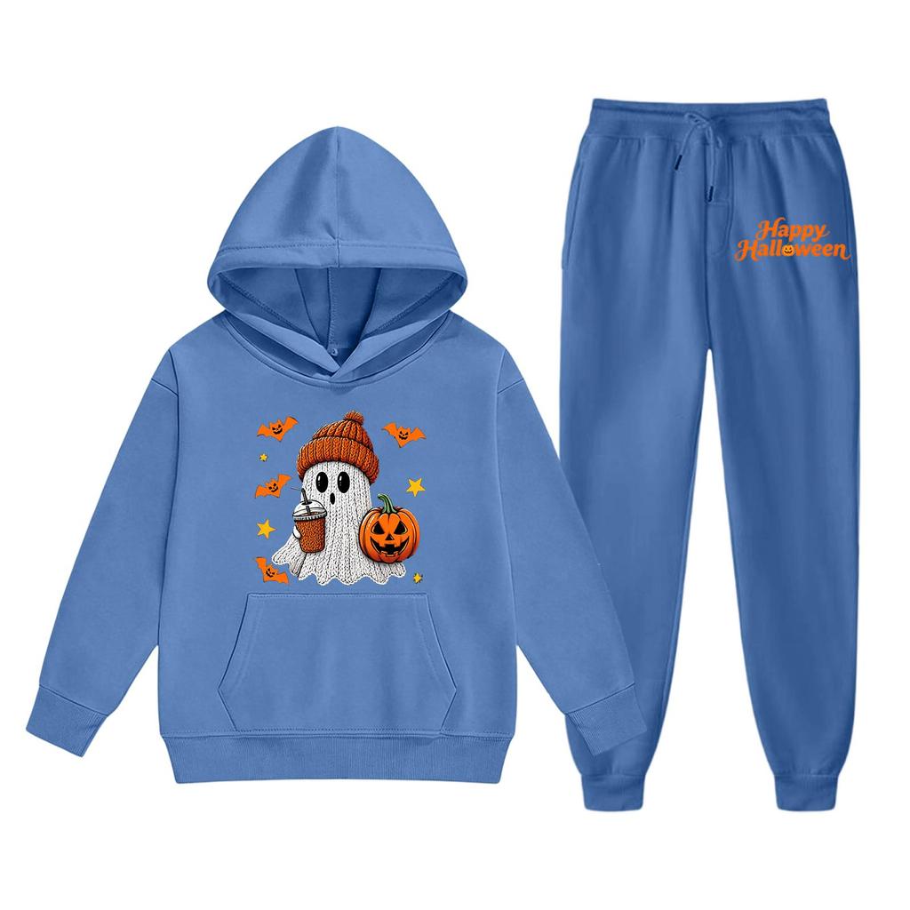 Kids Halloween Hoodie Set Ghost Pumpkin Print Long Sleeve Pullover Sweatshirt with Hood and Matching Pants Casual Outfit for Boys and Girls