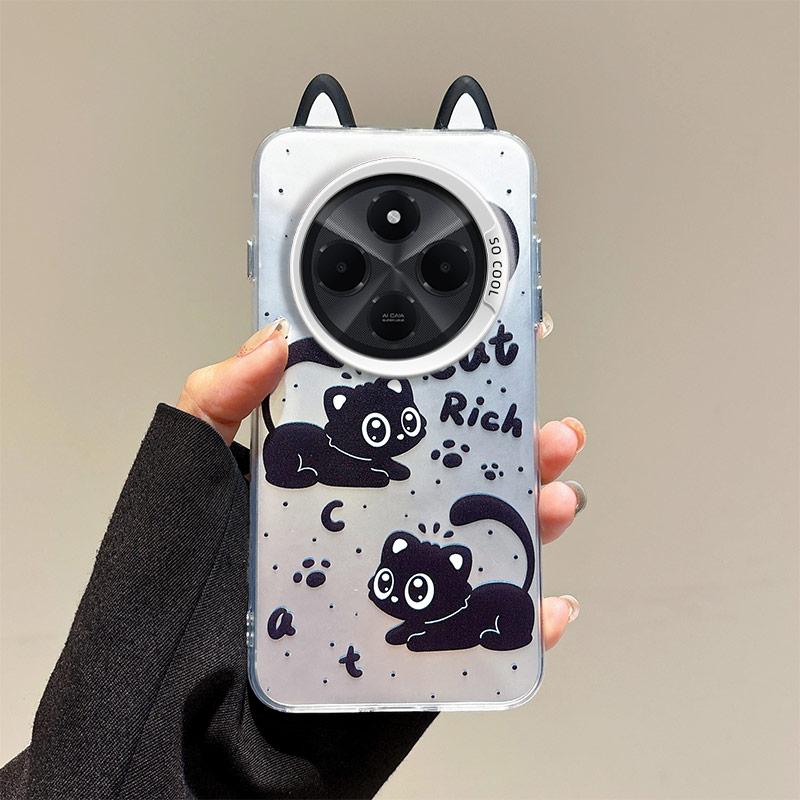 KEYSION Cute Ear Cartoon Case for Redmi 14C with Lanyard Soft Silicone+PC Shockproof Phone Back Cover for Xiaomi POCO C75