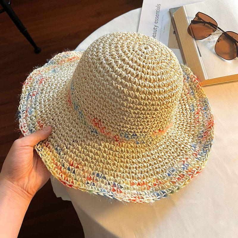 

Hat for Women 2025 New Arrival Summer K-style Seaside Holiday Straw Bucket Hat Sun-Shade All-Match Cut Out Sun Protection Hat [Beige] gradient rainbow straw hat One size