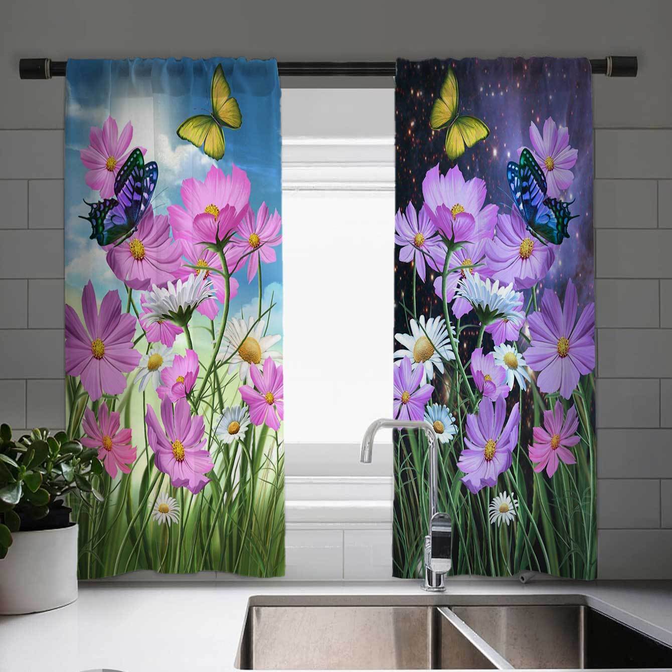 

2 шт. Романтические шторы Красивые фиолетовые цветочные шторы с принтом, легко повесить для гостиной, спальни, декора комнаты, домашнего декора Milled cotton fabric&Rod Pocket