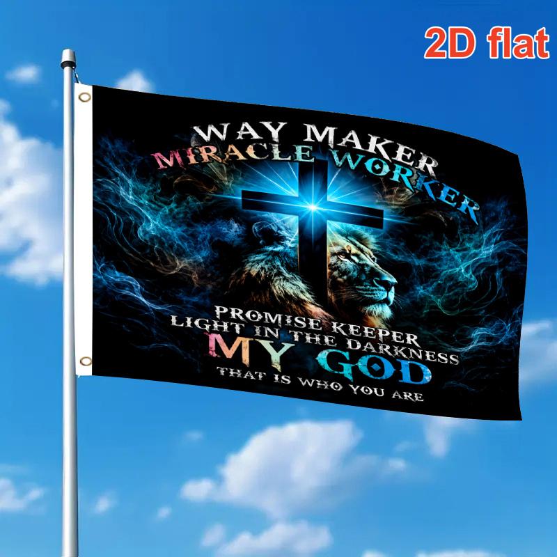 2D Flat, Single Large Flag Way Maker Miracle Worker Lion Cross Smoke Christian Religious Quote (1) 2D Flat Print Festival Design, Single-Sided, Two Ha