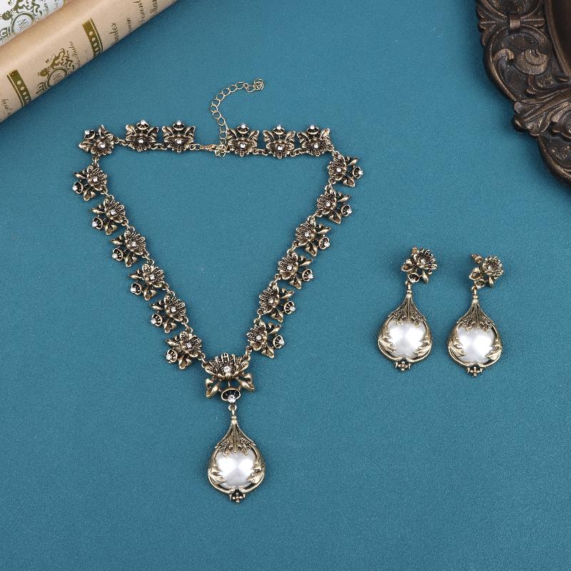 1 Set Mittelalter Vintage Luxus Anzug Ohrringe Zirkon Blumen Anhänger Perle Retro Halskette Schmuck Geschenk Für Frauen Schmuckstück
