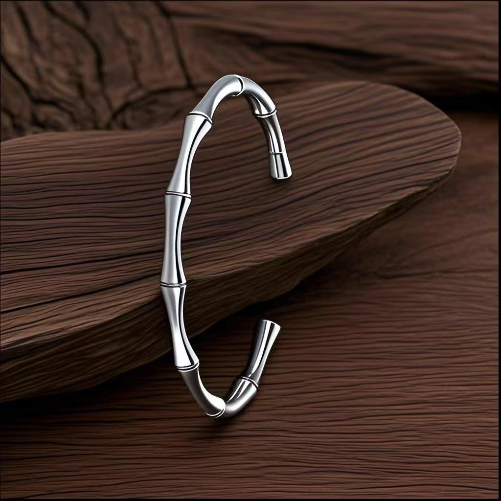 Elegant European-Style C-Shaped Titanium Steel Bamboo Bracelet for Women