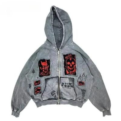 American Printed Imitation Washing Imitation Denim Zipper Hoodie Sweatshirt Jacket Cardigan Same Style Loose Large Size
