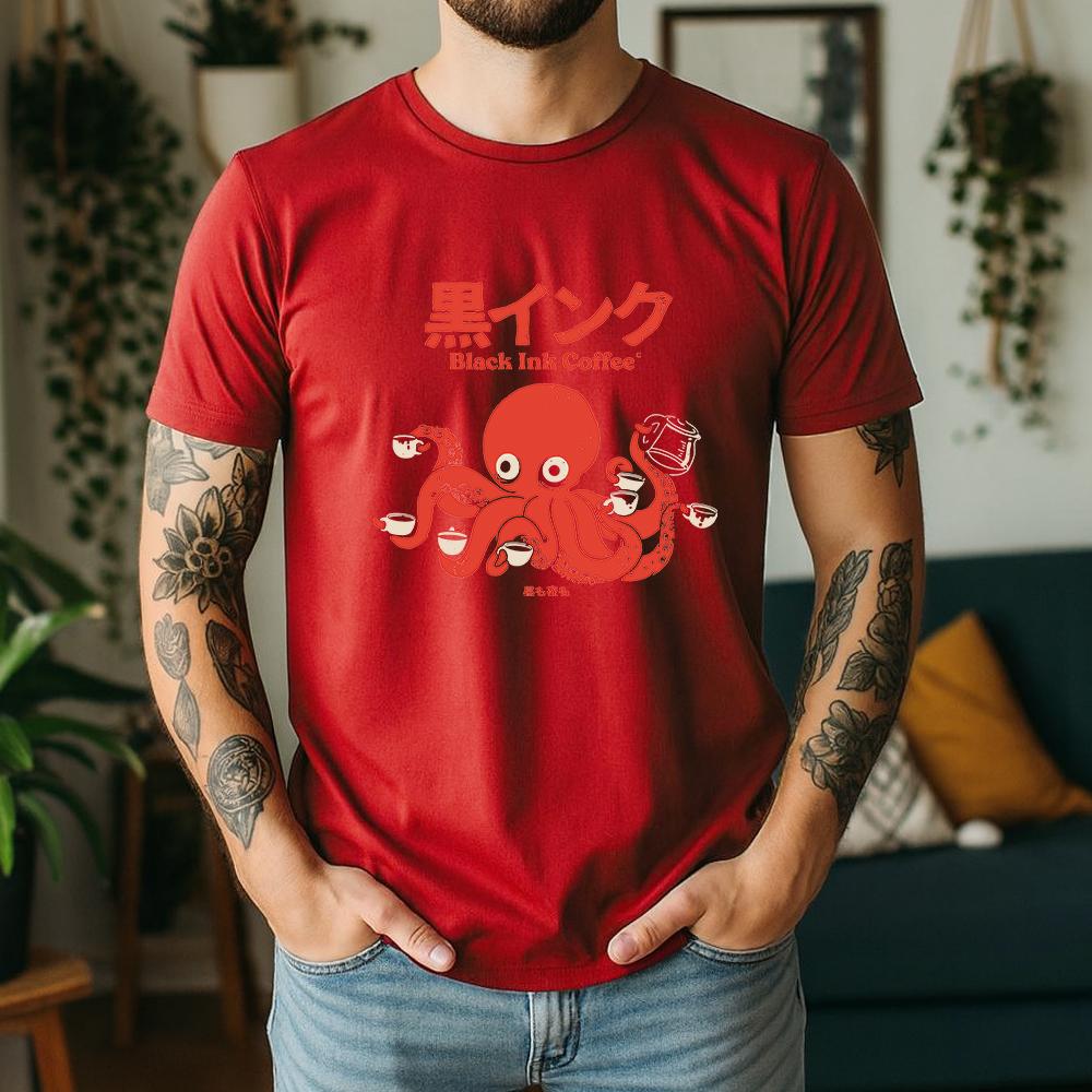 2026 Summer 100 Pure Cotton Unisexs Black Ink Coffee Octopus Print Round Neck Short Sleeved Street Cool Casual Breathable Tshirt