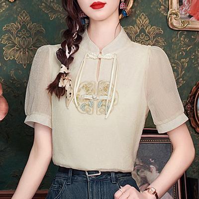 Moda Yeni Yaz Çin Tarzı Kısa Kollu Dik Yaka Nakış Şifon Bluz Gömlek Kadın Üstleri J384