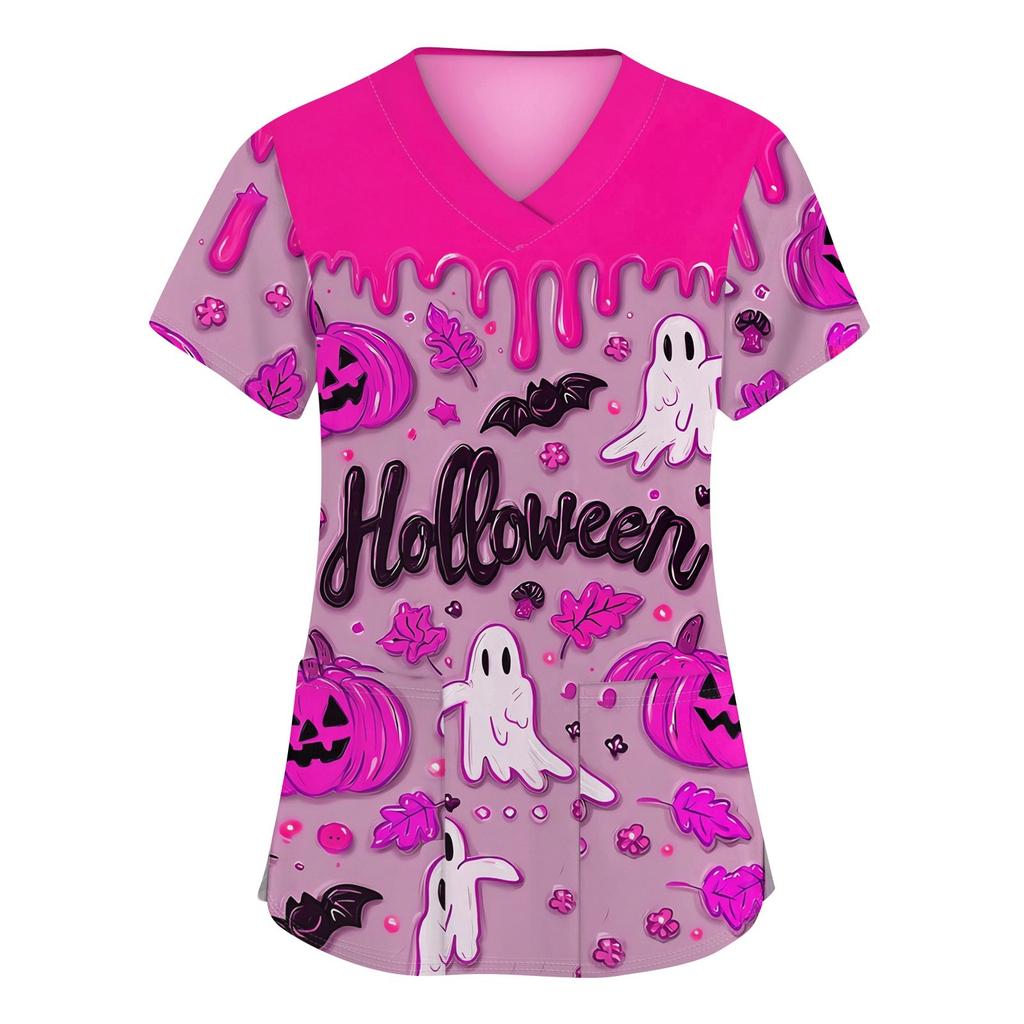 Damenmode V-Ausschnitt Kurzarm Arbeitskleidung mit Taschen Halloween bedruckte Tops