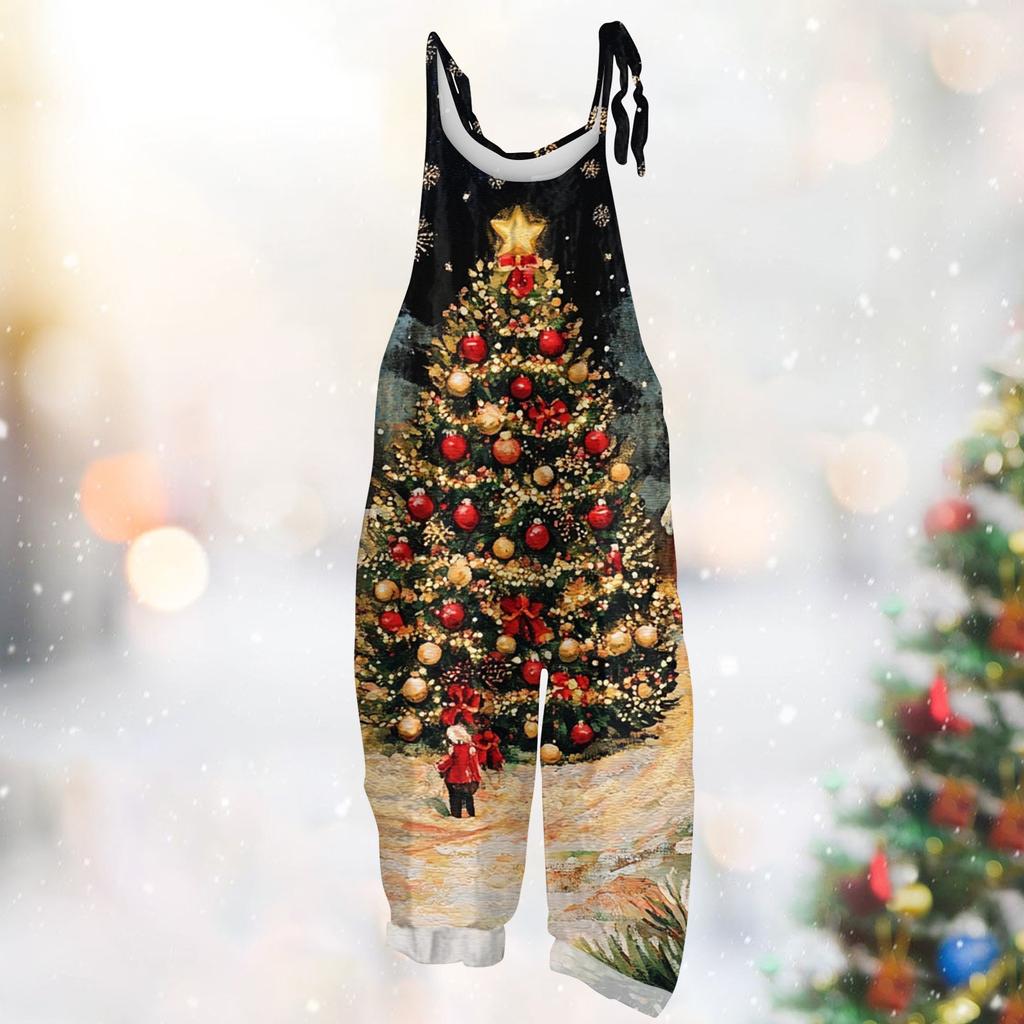 Frauen Overall Weihnachts Druck Beiläufige Lose Vintage Schulter Gurt Baumwolle Leinen