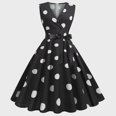 Retro Polka Dot Flared Dress with Belt - Audrey Hepburn Style