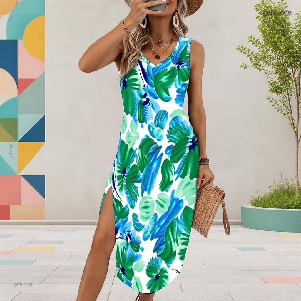 Women Plus Size U Neck Sleeveless Green Beige Tropical Leaf Printed High Side Slit Dress