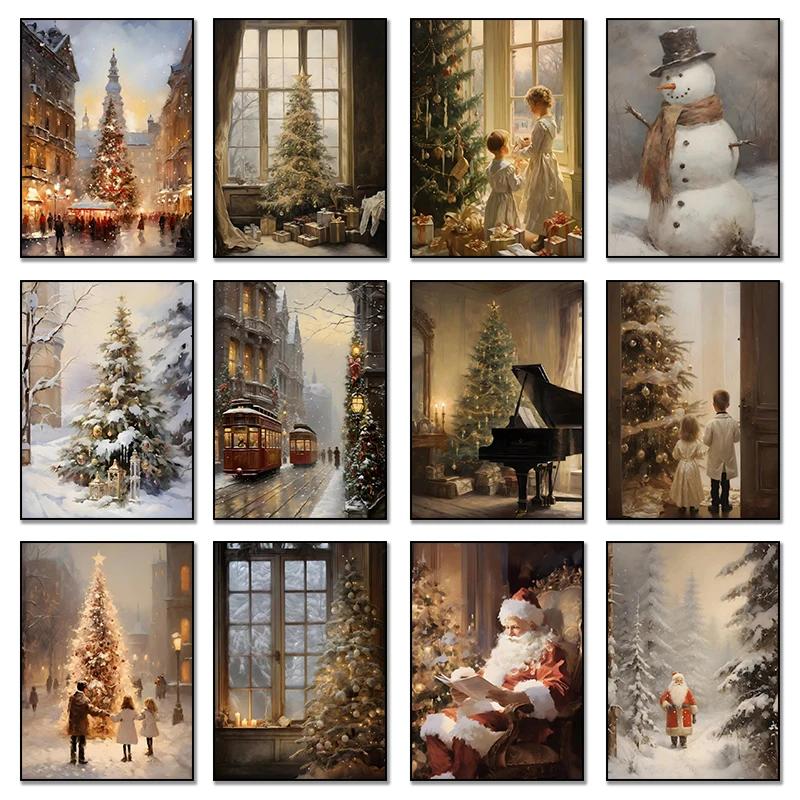 Retro Weihnachts-Wandkunst Leinwandbild Winter Weihnachtsmann Elch Schneemann Baum Geschenke Heimdekoration