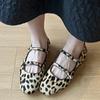 Sheepskin Version~ Niche Hollow Mary Jane Single Shoes Leather Retro Round Head Leopard Print Light Mouth Flat Bottom Ballet Shoes Women