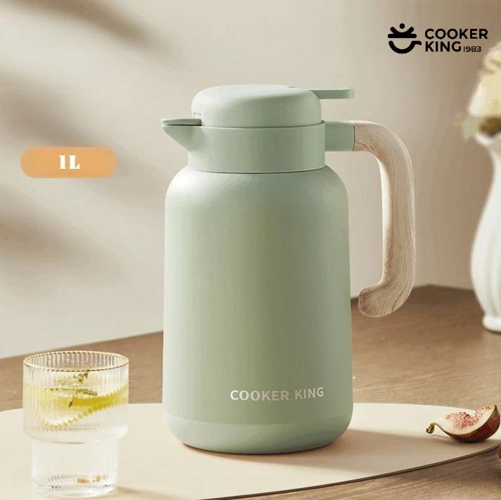 1L Insulated Kettle with Glass Lining and PP Wooden Handle Insulated Water Bottle Insulated Water Bottle Thermal Mug 1L зелёный