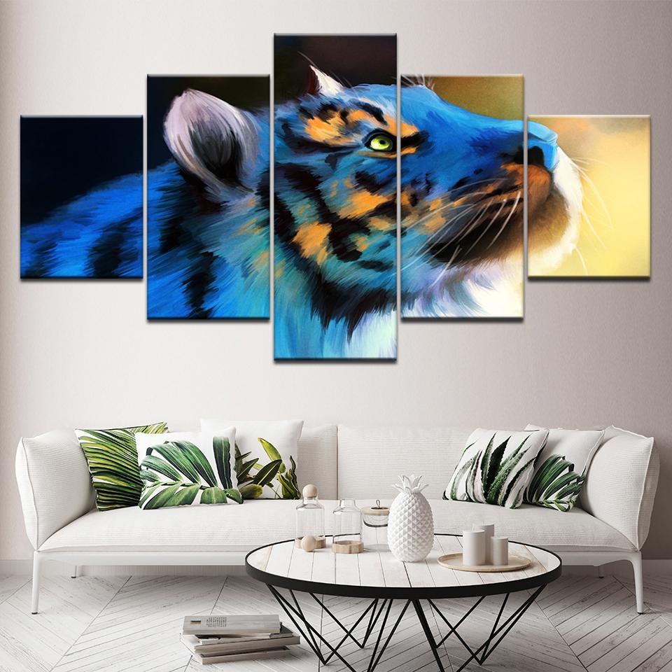 The Blue Tiger Animal 5 Piece HD Wallpapers Art Canvas Print Modern Poster Modular Art Painting for Living Room Home Decor