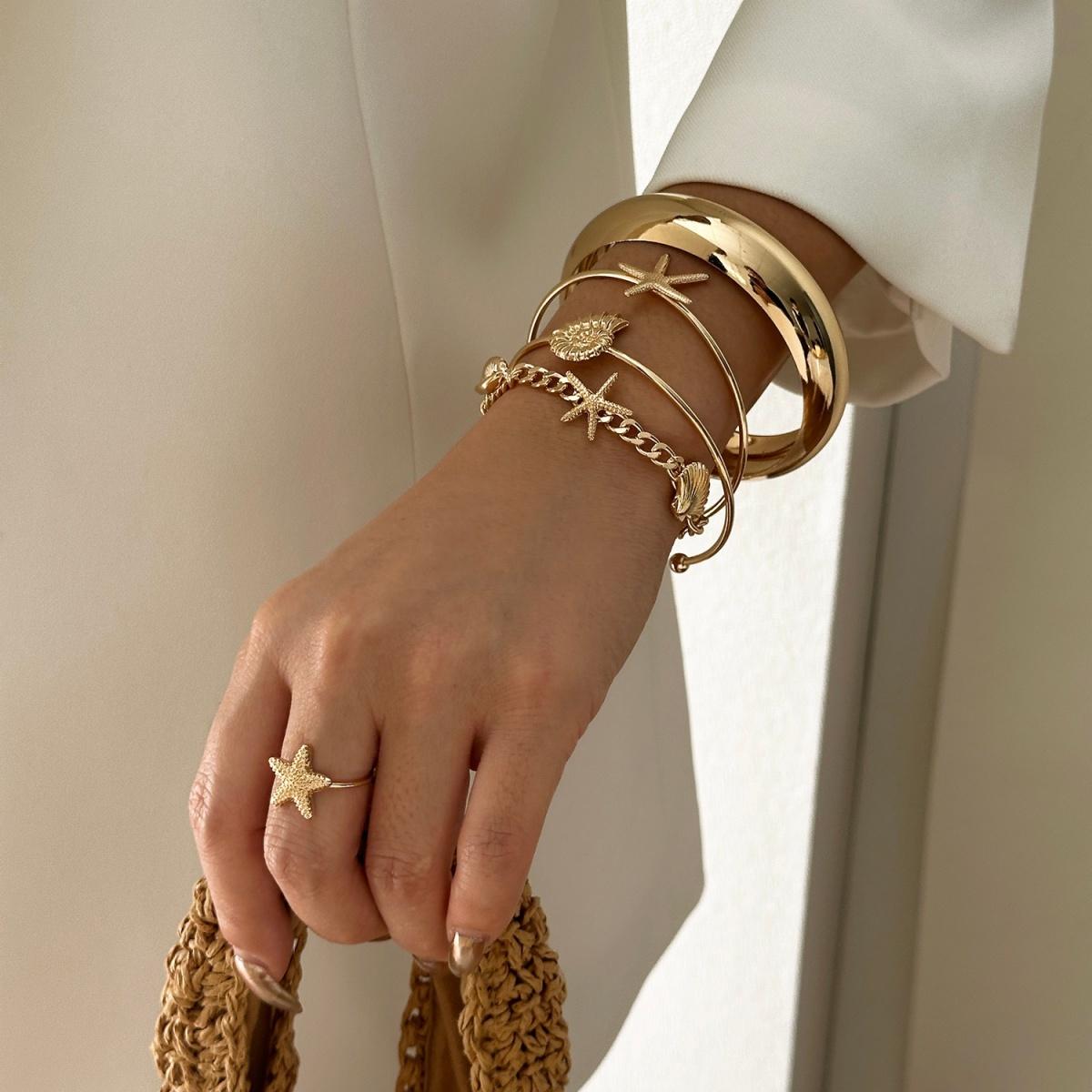 

Bohemian Metal Starfish Shell Conch Bracelet Bangle Ring Set For Women Men Vintage Sea Star Stackable Beach Ocean Jewelry Set