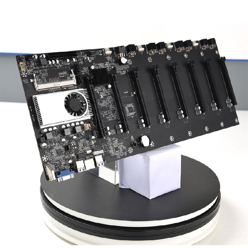 Mining motherboard with processor, fan and 8 slots for ddr3 graphics cards with integrated memory