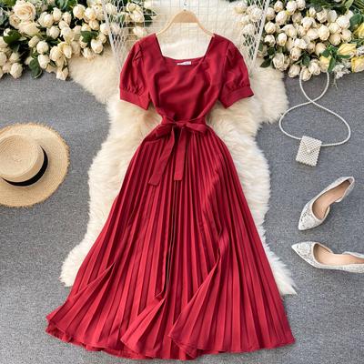 Damen Sommerkleid, einfarbig, Bürokleid, quadratischer Ausschnitt, kurzärmelig, plissierte Kleider, lässig, Schärpen, langes Kleid