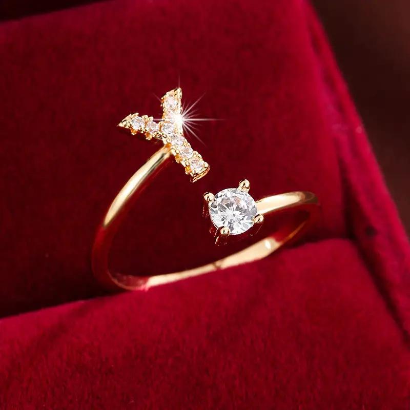 26 English Letter Micro-set Zircon Fashion Women's Ring, Copper-plated 14K Open Plain Ring