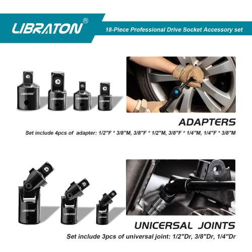 Libraton 18-Piece Extension Bar Set, 6.35mm, 9.5mm, 12.7mm Drive, Socket Adapter, Universal Joint, 50-250mm Overall Length, Chrome Vanadium Steel, Wit
