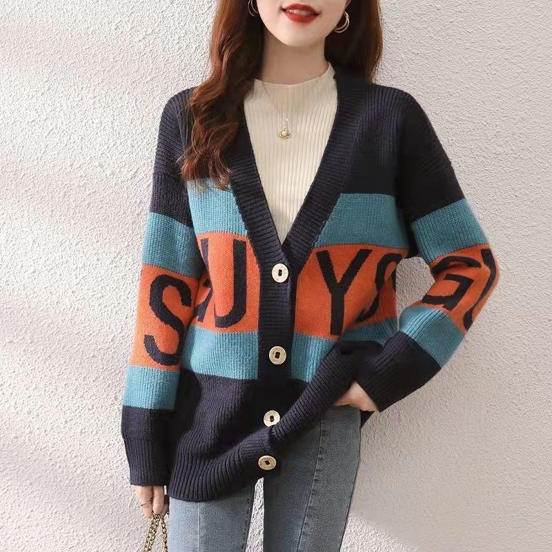 Fashionable Knitted Cardigan for Women Artistic Color-blocked Letter Sweater Cardigan Korean-style Loose Top Outerwear