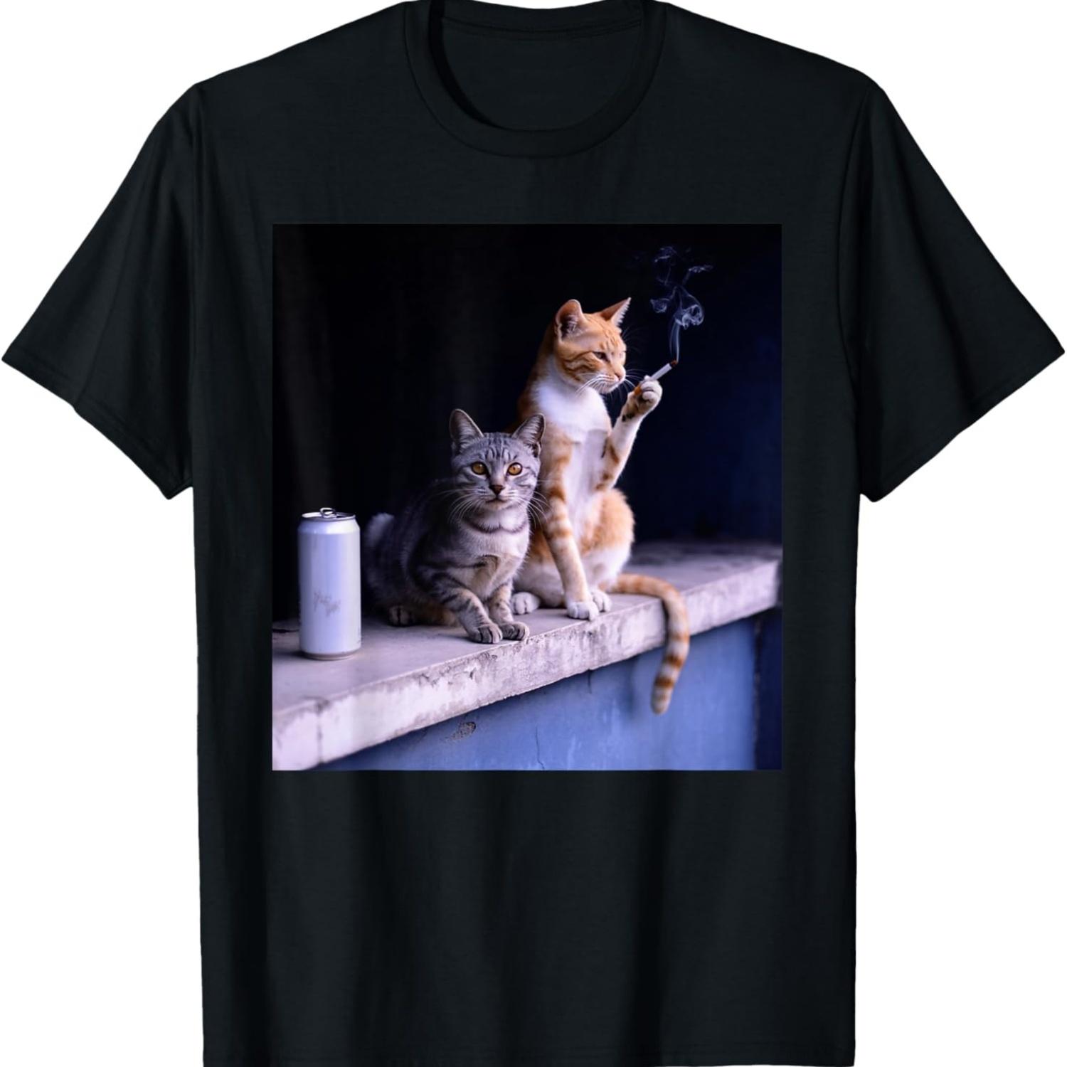 Кот-курильщик Забавный курящий кот Мем Глупый мозг Т-Ширт(21) S чёрный