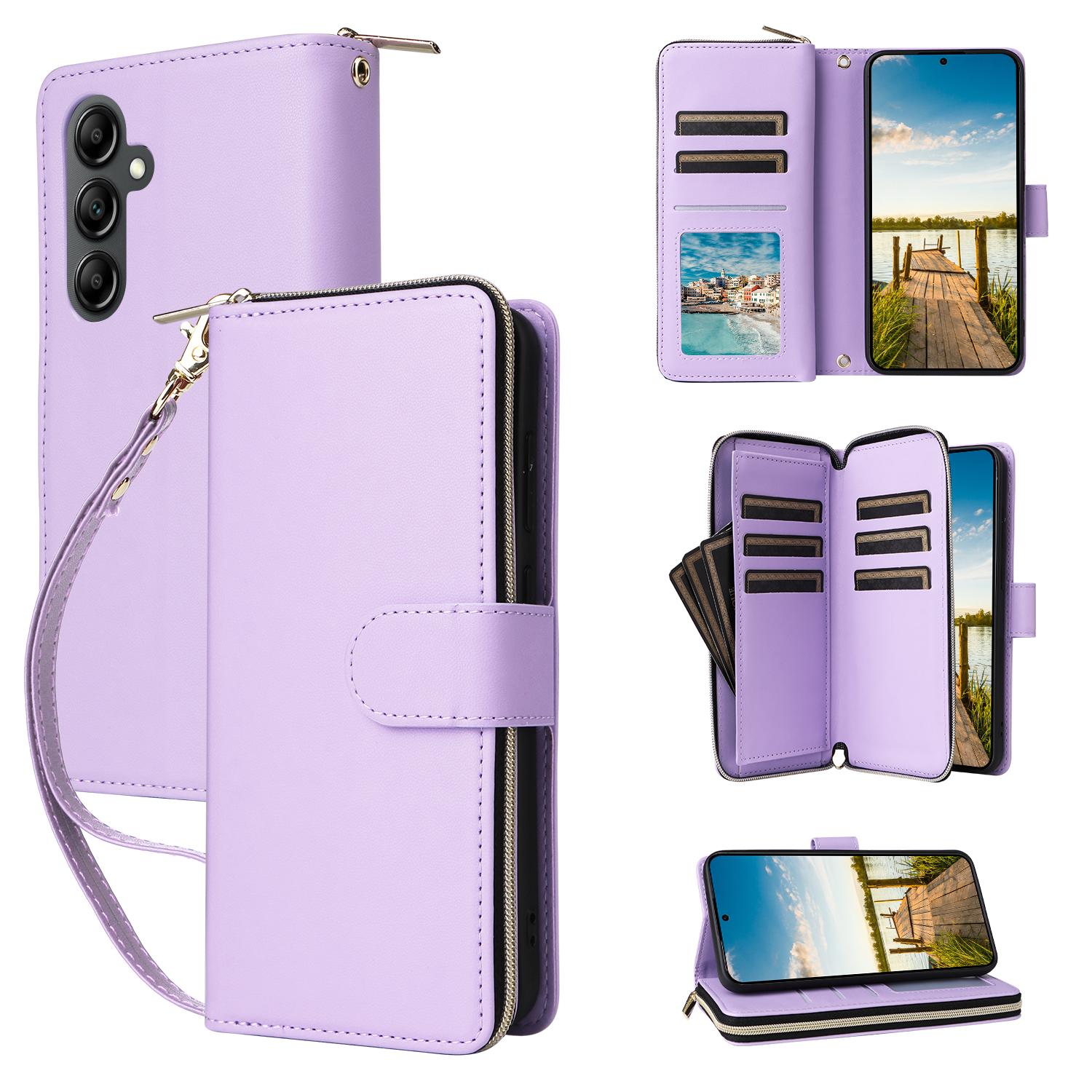

For Samsung Galaxy A17 5G Case 9 Card Slots Zipper Pocket PU Leather Phone Cover with Wrist Strap Light Purple