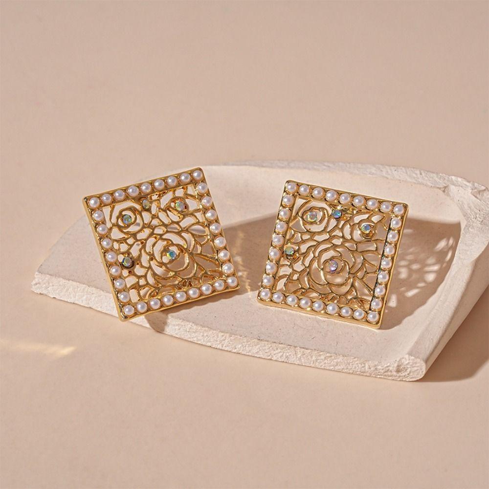 Elegant Geometry Hollow Out Earrings Square Vintage Drop Earrings Caved Window Pearl Earrings  Gift
