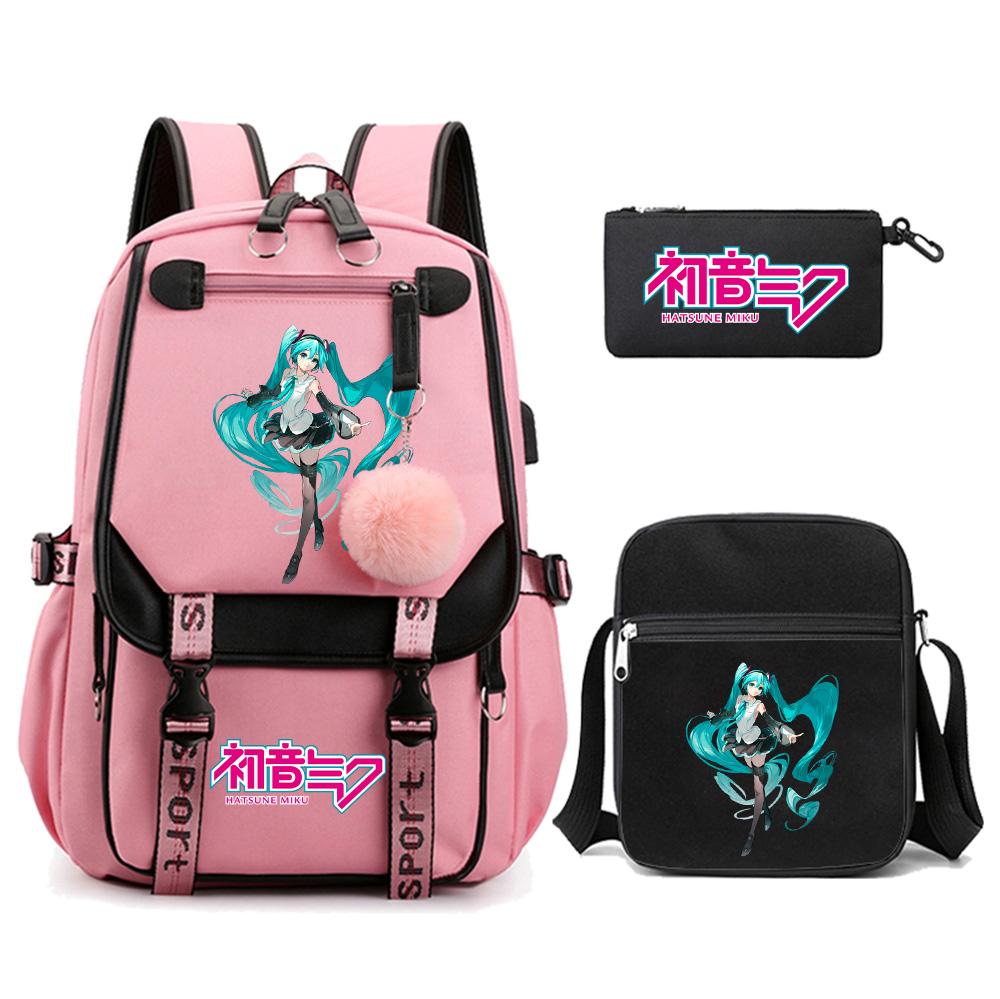 3ks/sada Anime Kreslený Batoh s Potiskem Hatsune Miku s Taškou přes Rameno pro Teenagera Studenta Dívku Chlapce Velkokapacitní Voděodolný Školní Batoh Mochila
