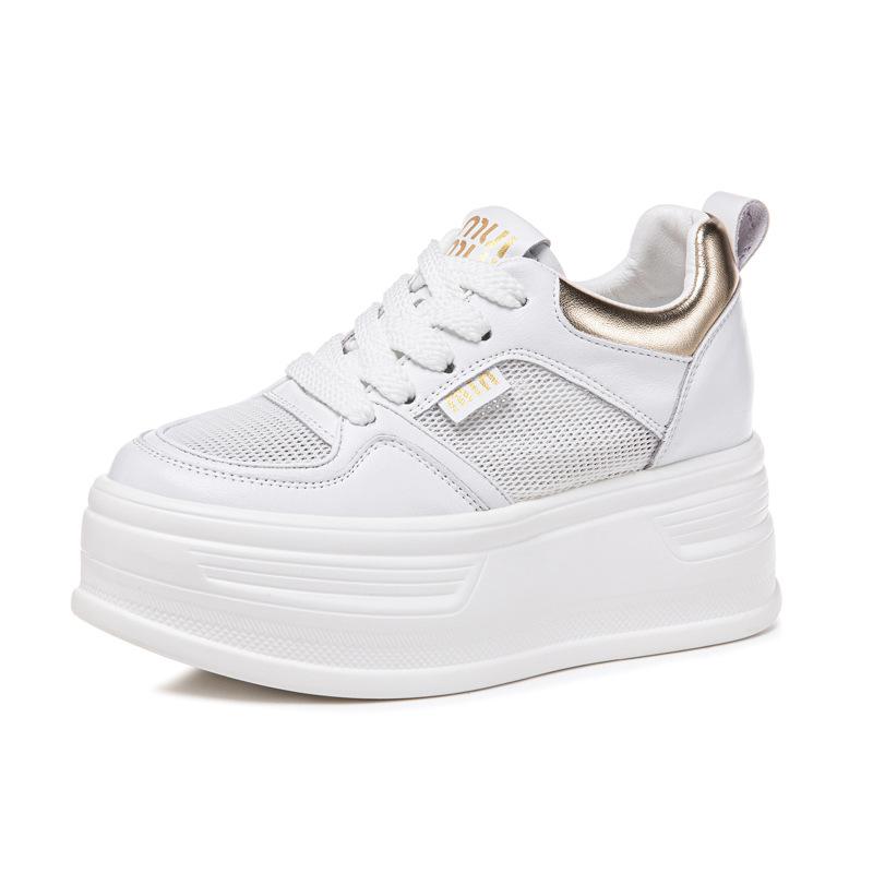 Leather little white shoes women's new single-mesh breathable thick-soled heightening sports and leisure shoes versatile muffin board shoes