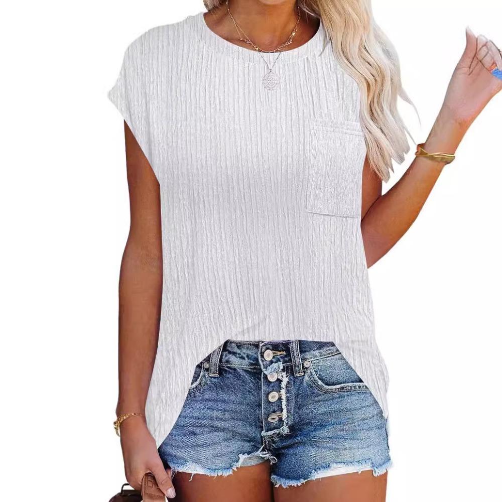 Spring and Summer New Popular Casual Round Neck T-shirt Shirt Top Pocket for Women