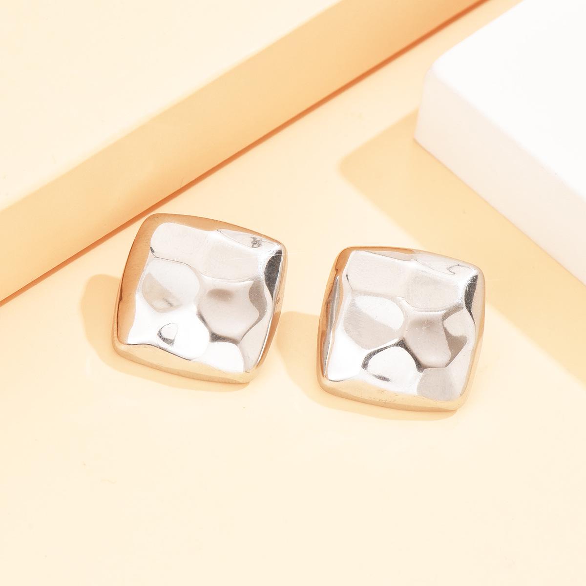 Baroque Geometric Hammered Stainless Steel Square Stud Earrings