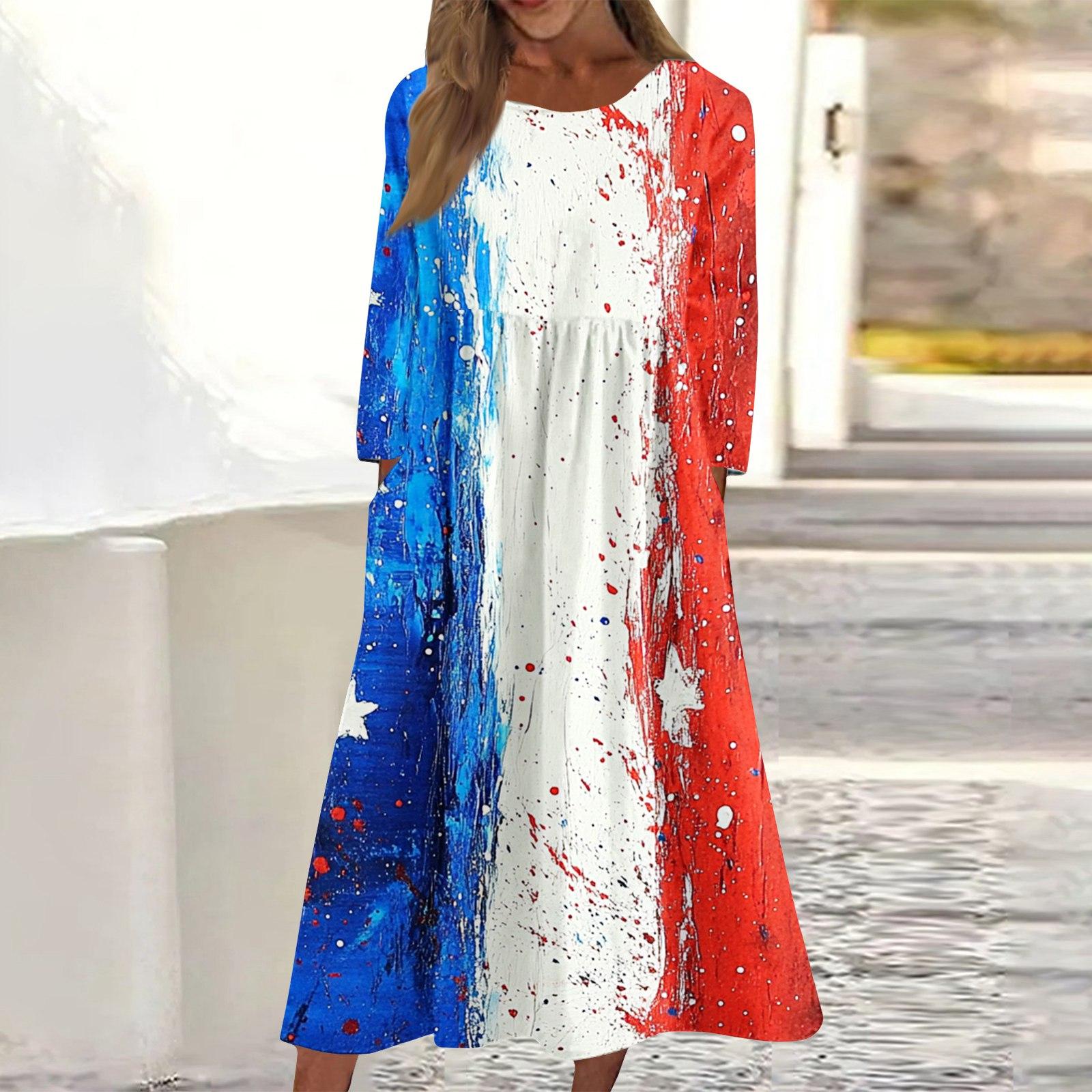 

Women s Casual Crewneck Independence Day Festival Printed Midi Dress Long Sleeve Pocket Dress L синий