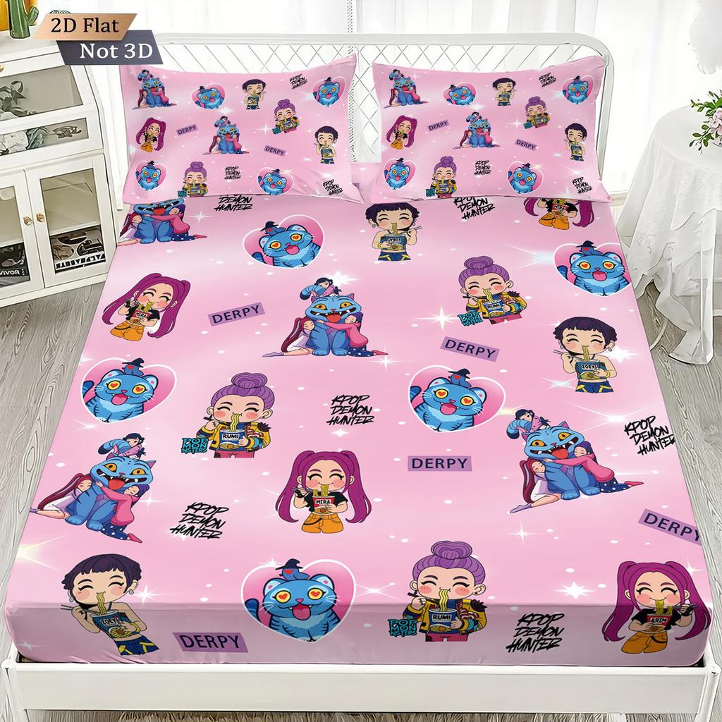 1pc K-Pop Demon Hunters Fitted Sheet Polyester Durablle Machine Washable Bedding Set for Home Bedroom Decoration Birthday Gift